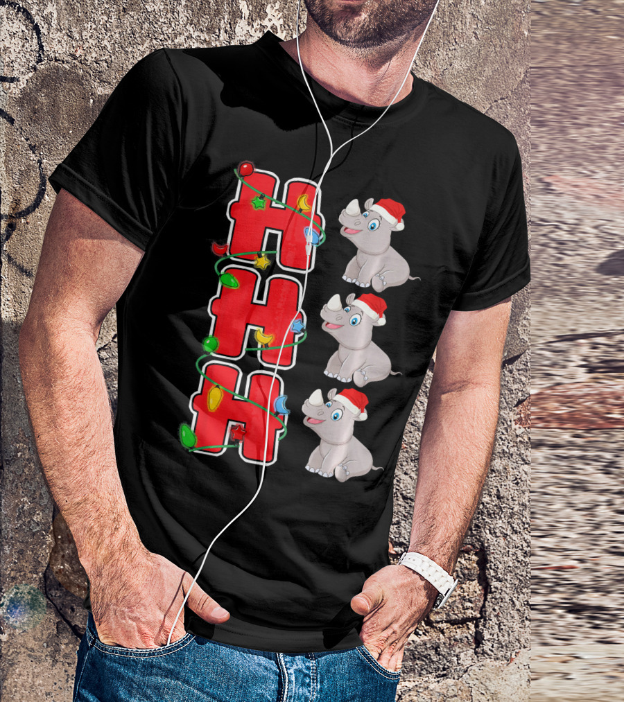 Ho Ho Ho Santa Hat Rhinoceros Christmas Lights T-Shirt