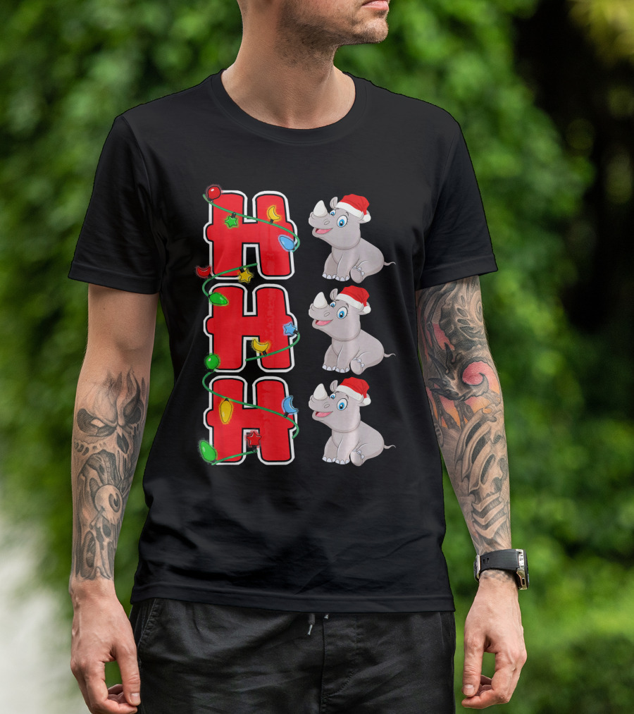Ho Ho Ho Santa Hat Rhinoceros Christmas Lights T-Shirt