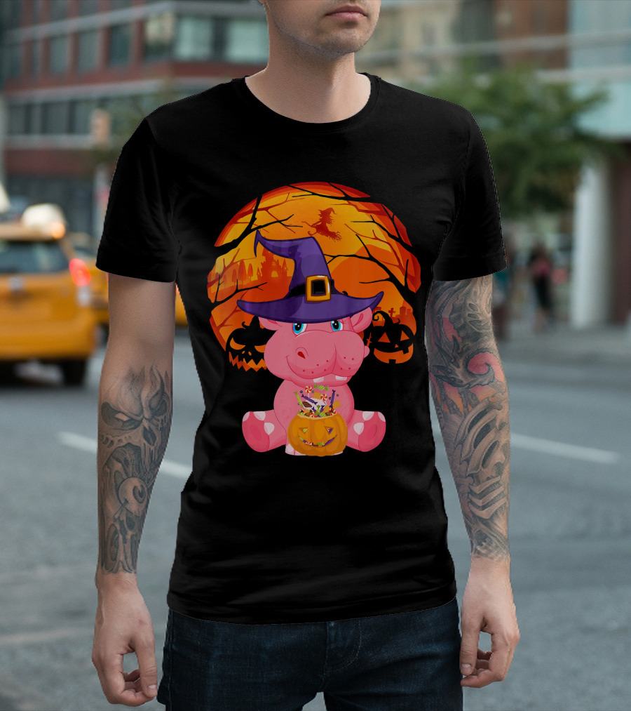 Halloween Hippo Witch Costume Kids Pumpkin Candy Moon T-Shirt