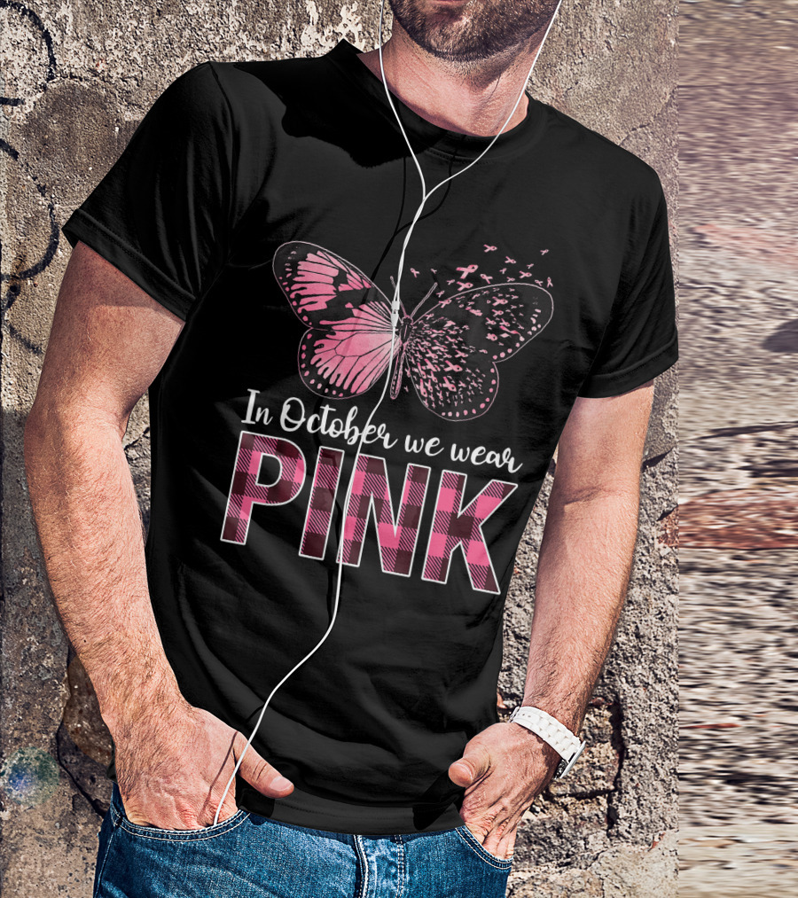 In October We Wear Pink Breast Cancer Butterfly T-Shirt