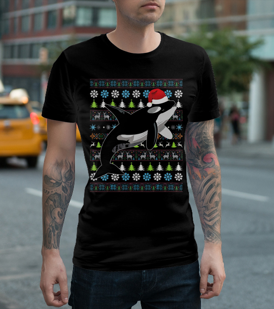 Merry Christmas Whale UglySanta Festive Orca Snowflakes Santa Hat Christmas Trees T-Shirt