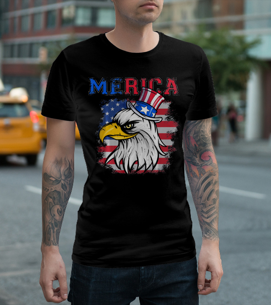 Merica American Eagle with Uncle Sam Hat over Flag Background T-Shirt