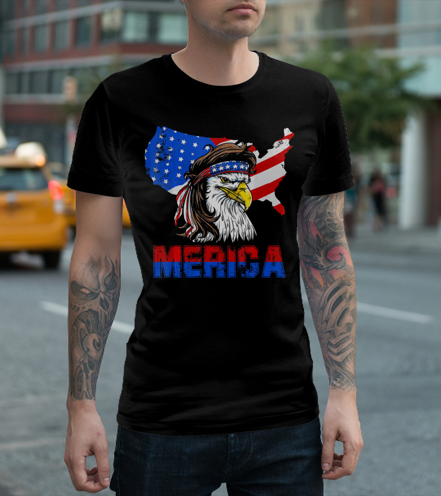 Merica Eagle Mullet Patriotic USA Map 4th of July T-Shirt