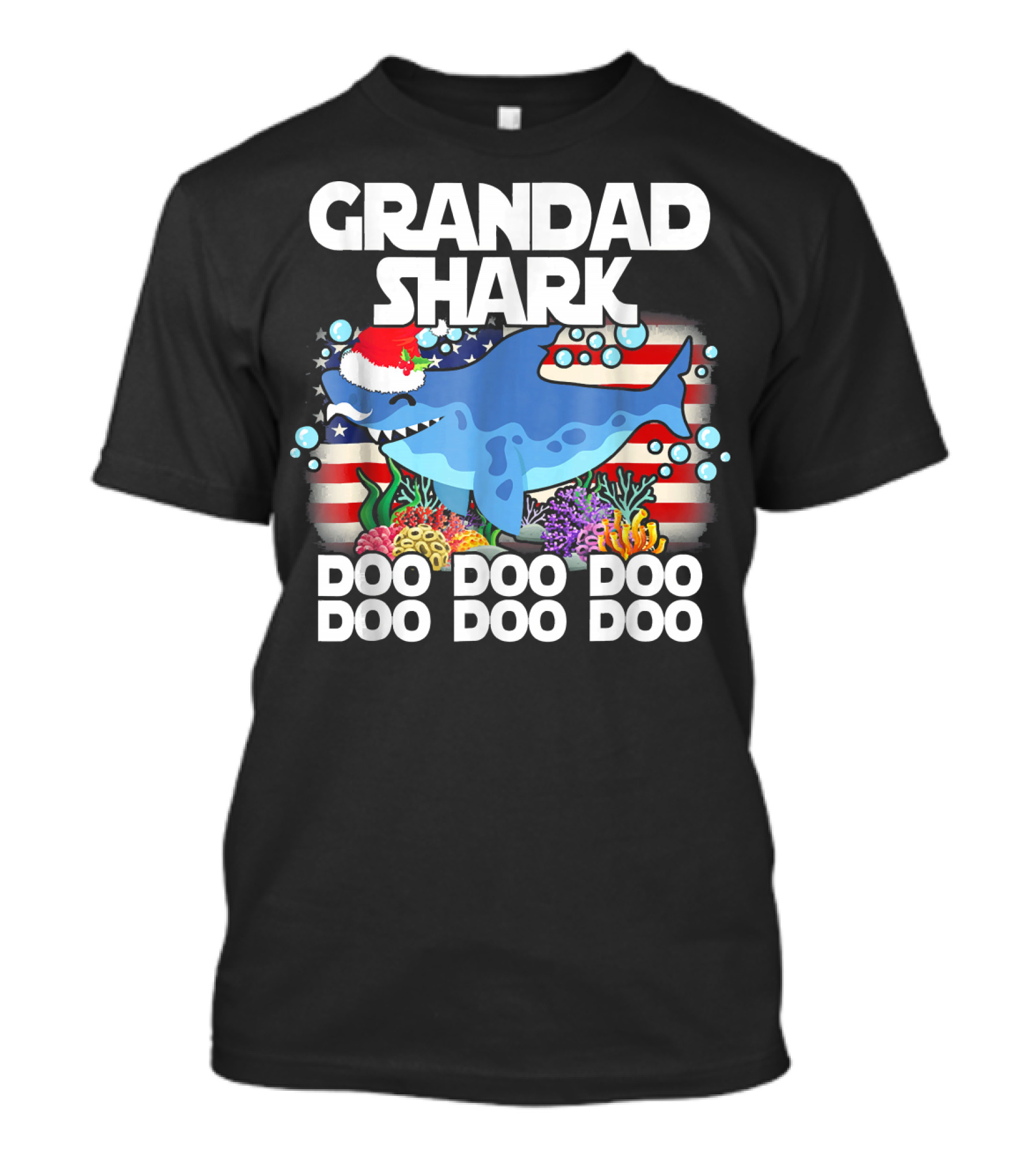 Grandad Shark Doo Doo Santa Hat American Flag Ocean Bubbles T-Shirt