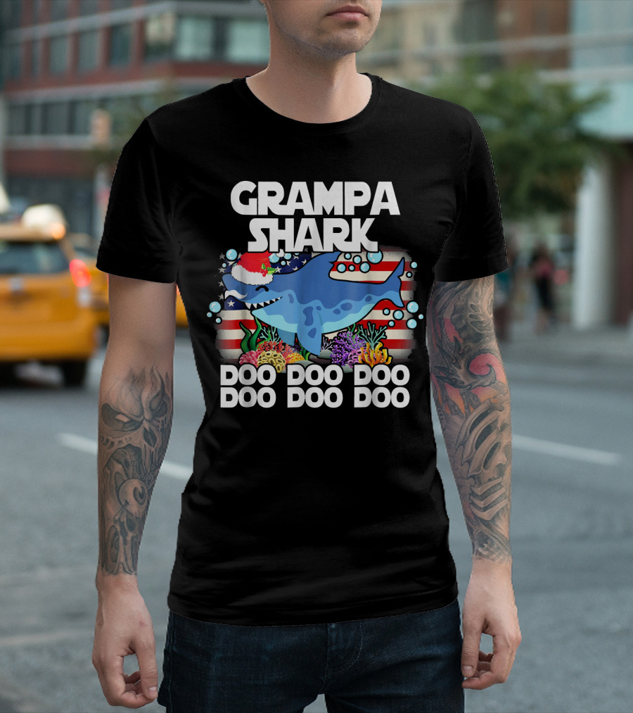 Grampa Shark Doo Doo Christmas Santa Hat Bubbles American Flag Coral Reef T-Shirt
