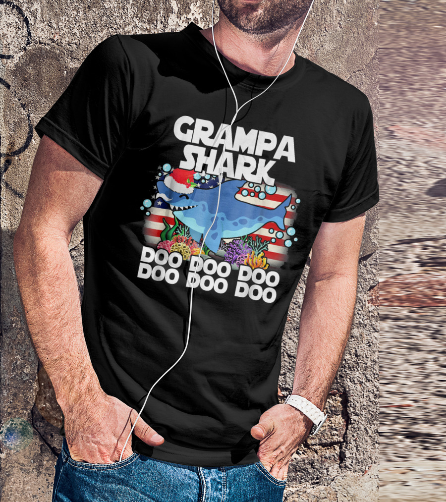 Grampa Shark Doo Doo Christmas Santa Hat Bubbles American Flag Coral Reef T-Shirt