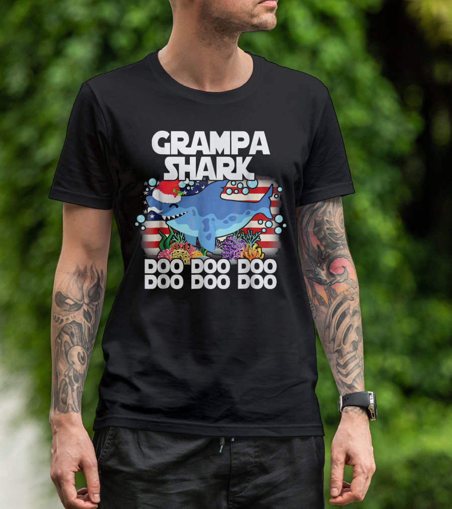 Grampa Shark Doo Doo Christmas Santa Hat Bubbles American Flag Coral Reef T-Shirt