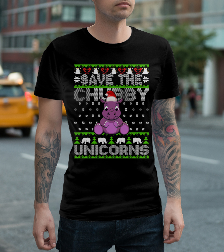 Save The Chubby Unicorns Christmas Rhino Snowflake Trees Hearts T-Shirt