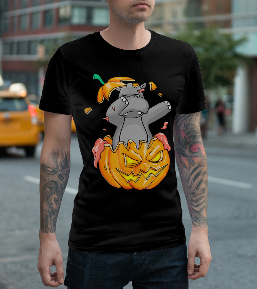 Hippopotamus Dabbing in Pumpkin Halloween Jack-O'-Lantern T-Shirt