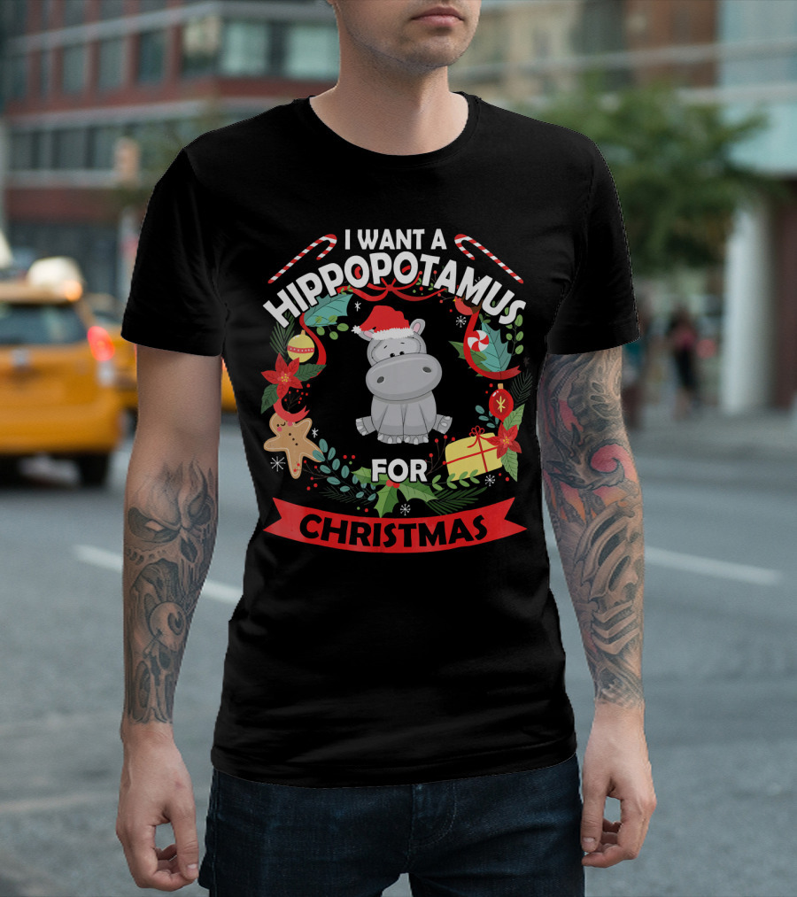 I Want A Hippopotamus For Christmas Candy Cane Wreath T-Shirt