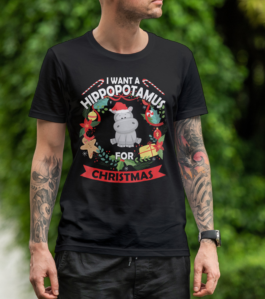 I Want A Hippopotamus For Christmas Candy Cane Wreath T-Shirt