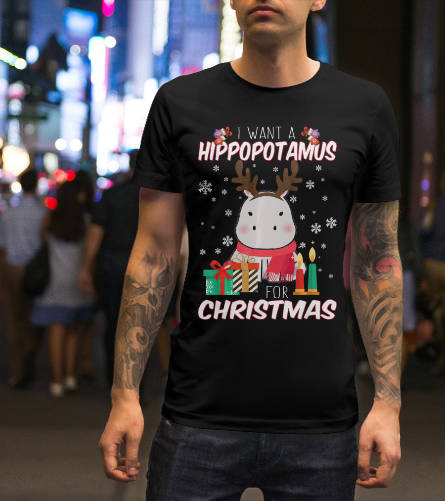 I Want A Hippopotamus For Christmas With Reindeer Antlers And Presents T-Shirt