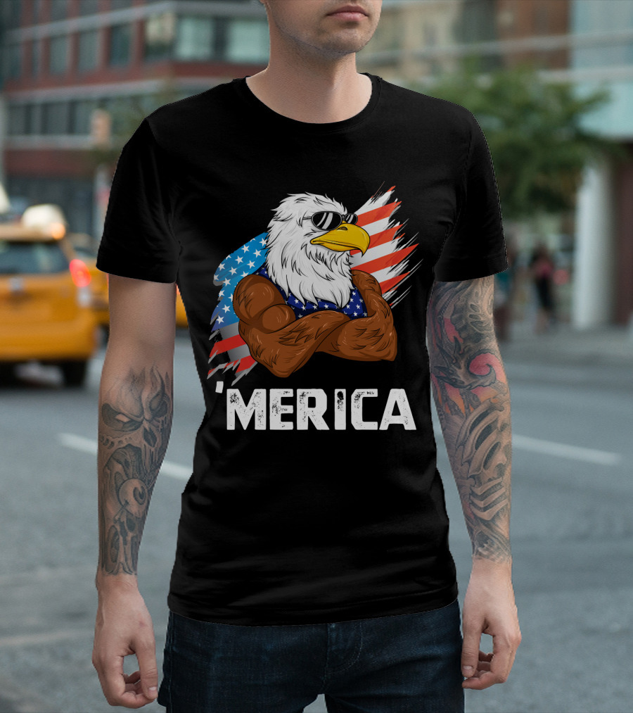 Merica Freedom American USA Eagle Patriotic Muscular Sunglasses Flag T-Shirt