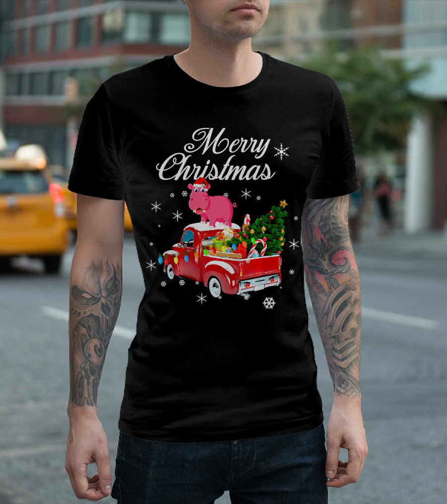 Merry Christmas Hippopotamus on Red Truck with Christmas Tree and Gifts T-Shirt