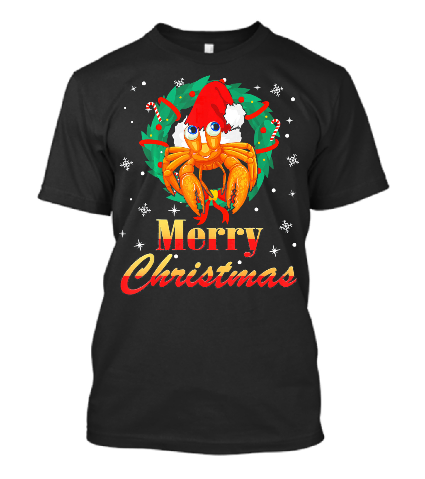 Merry Christmas Hermit Crab Santa Hat Candy Canes Wreath Snowflakes T-Shirt