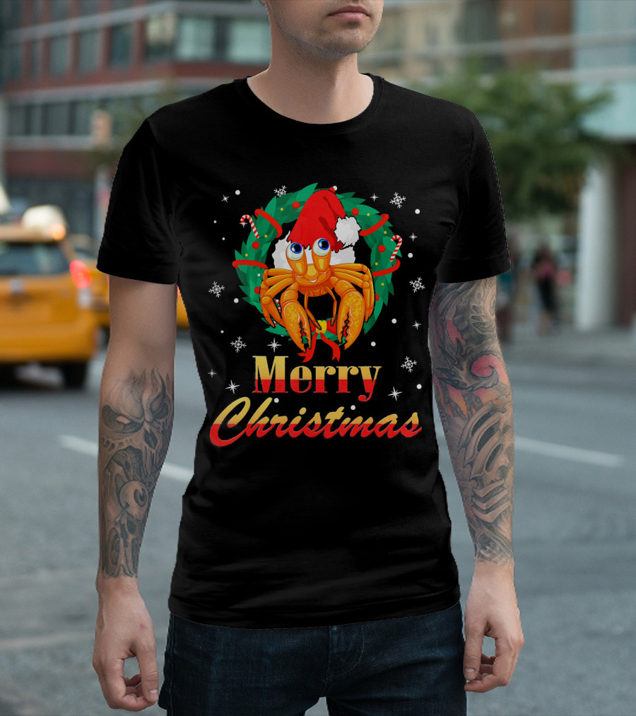 Merry Christmas Hermit Crab Santa Hat Candy Canes Wreath Snowflakes T-Shirt