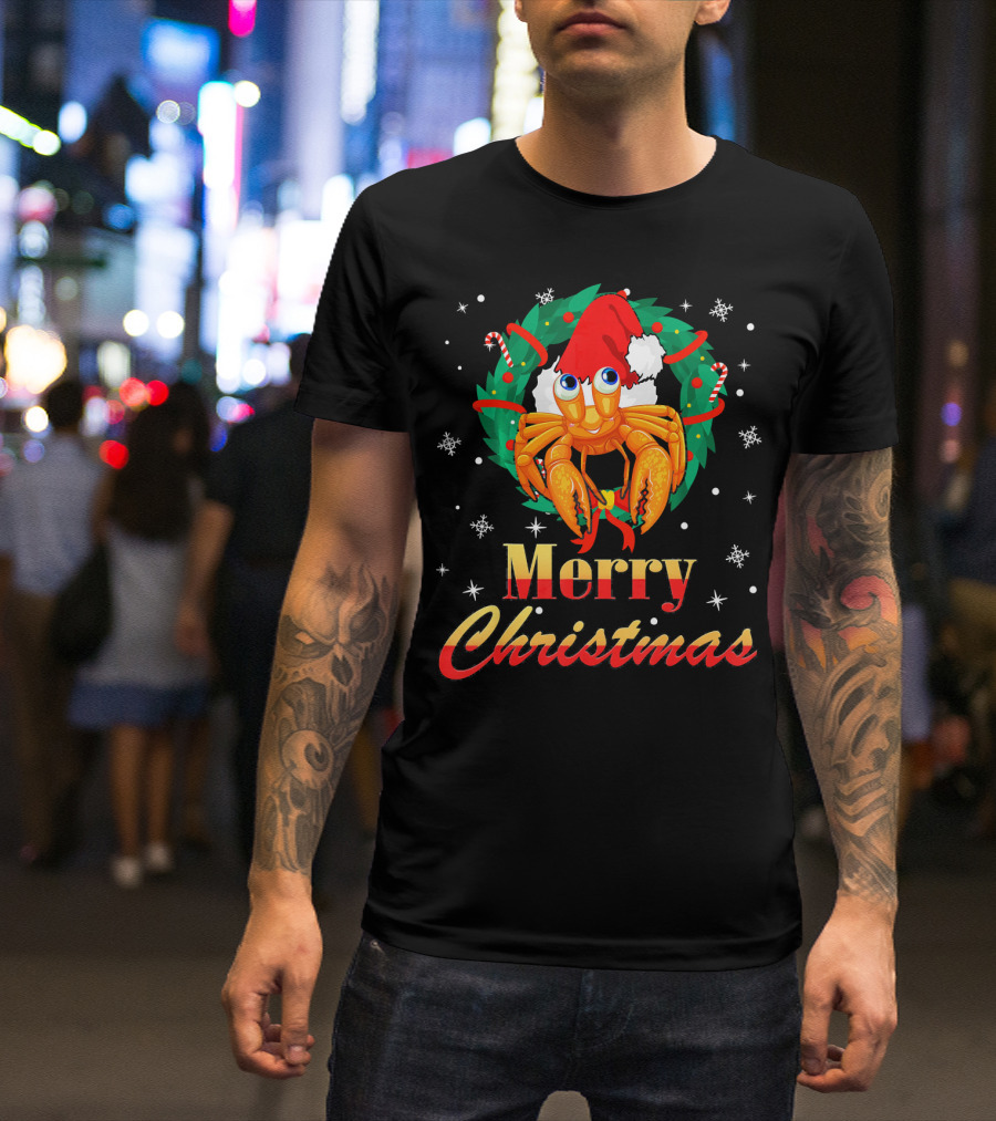 Merry Christmas Hermit Crab Santa Hat Candy Canes Wreath Snowflakes T-Shirt