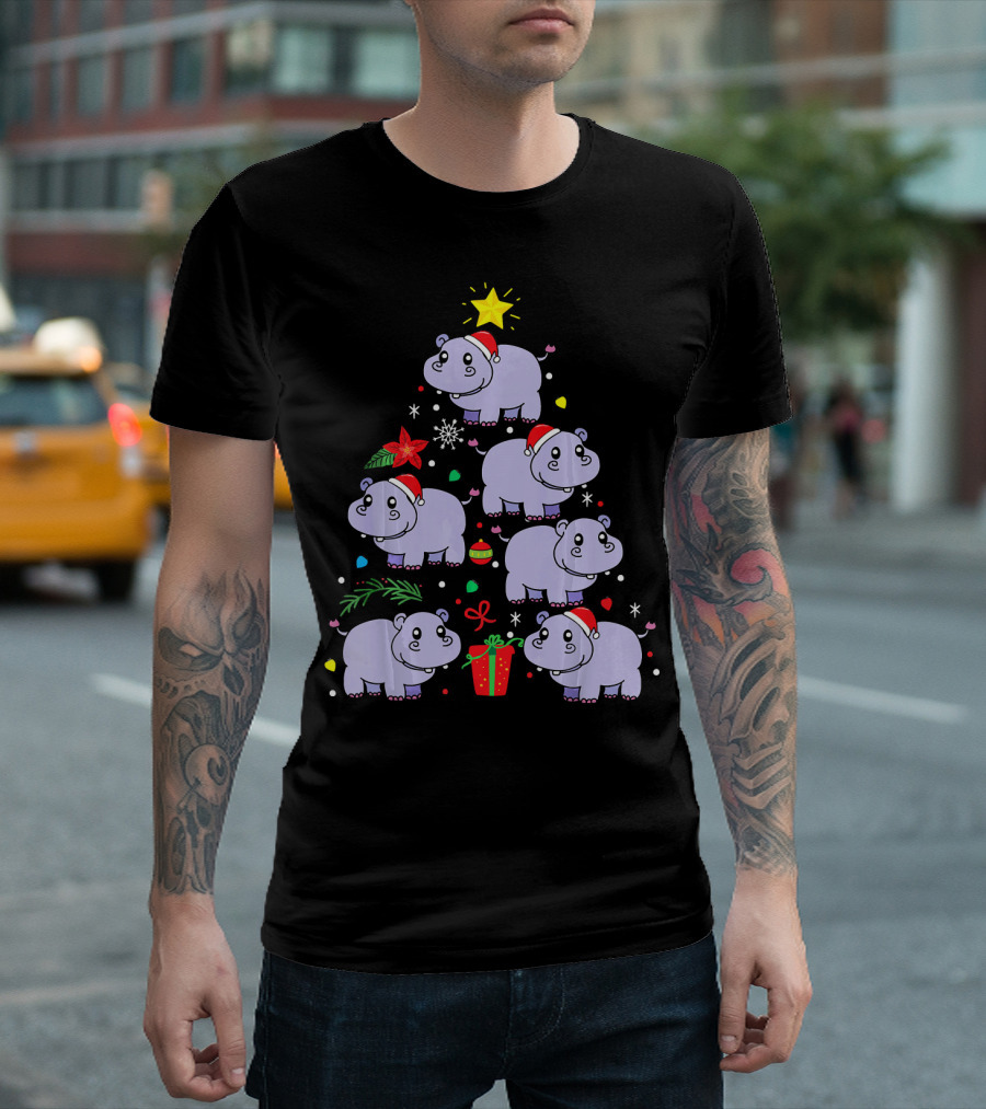 Hippo Hippopotamus Christmas Tree Ornament with Santa Hats and Holiday Decorations T-Shirt