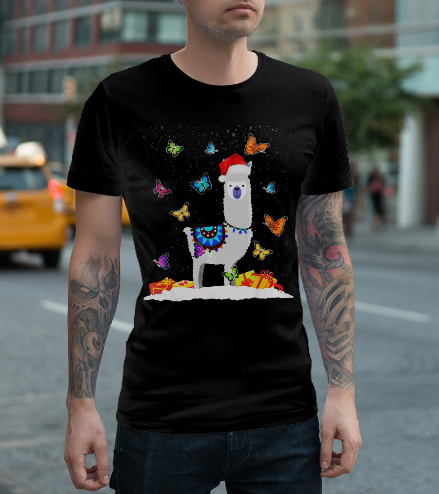 Lovely Llama Christmas with Butterflies and Presents in Snow T-Shirt