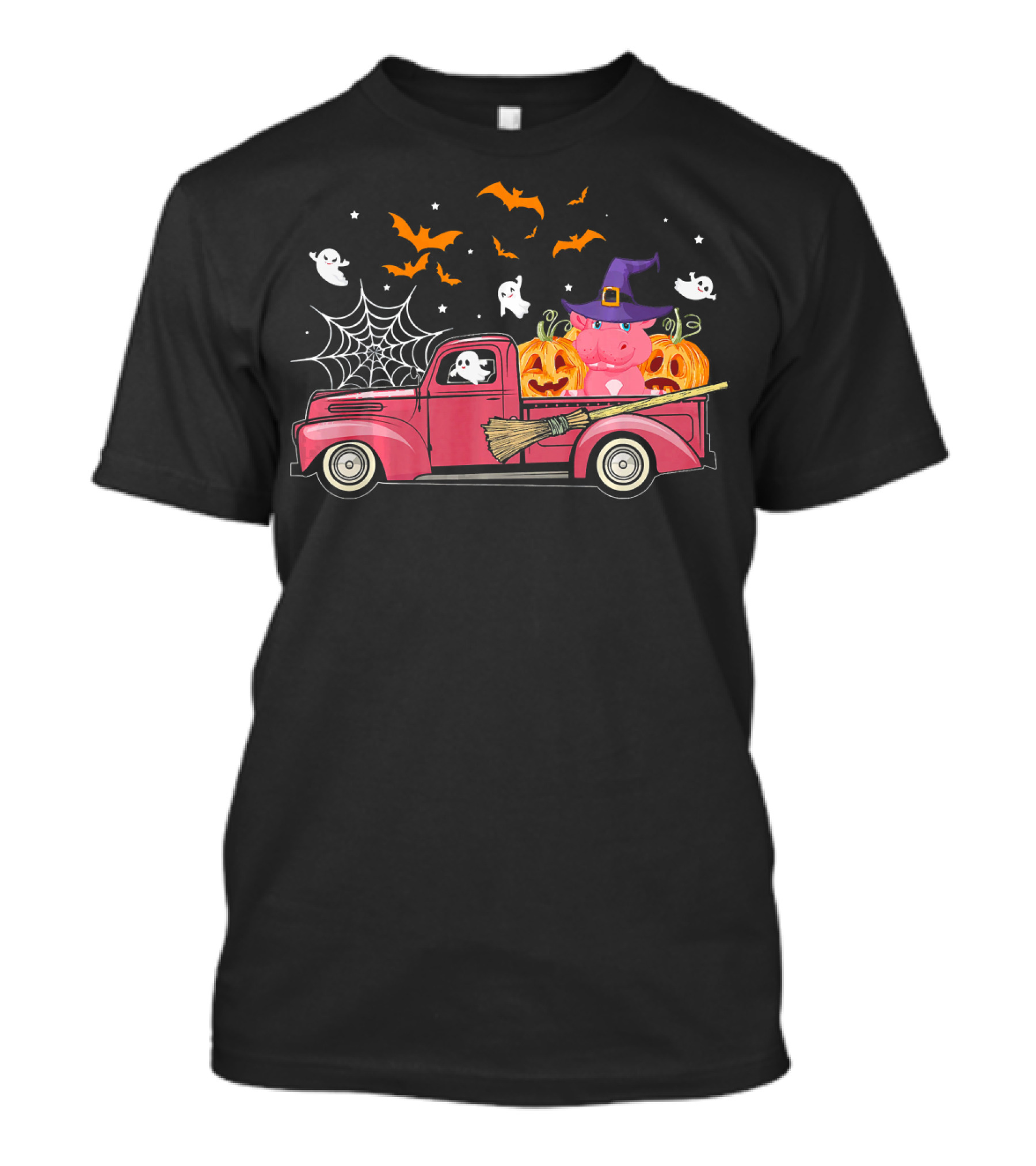 Halloween Hippopotamus In A Witch Hat On Red Truck With Pumpkins, Ghosts, And Bats T-Shirt