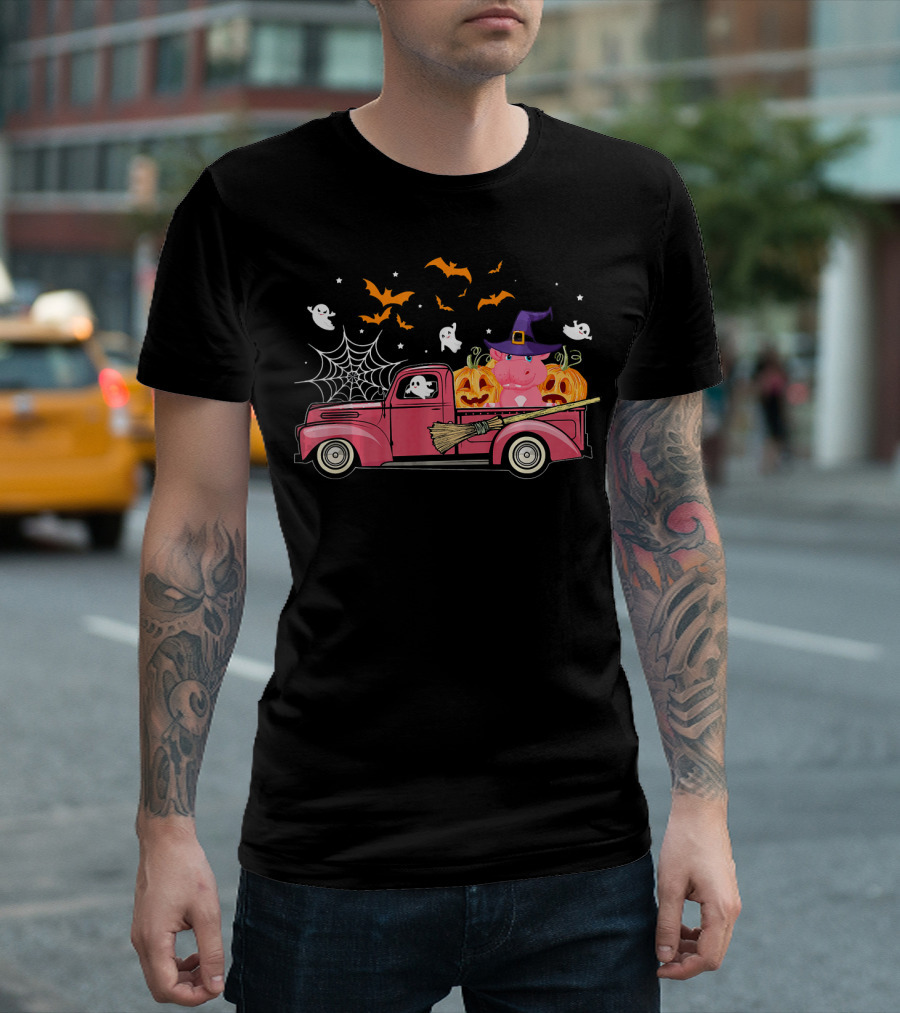 Halloween Hippopotamus In A Witch Hat On Red Truck With Pumpkins, Ghosts, And Bats T-Shirt