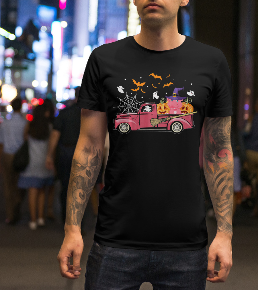 Halloween Hippopotamus In A Witch Hat On Red Truck With Pumpkins, Ghosts, And Bats T-Shirt