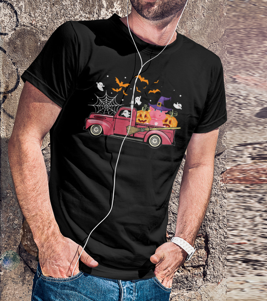 Halloween Hippopotamus In A Witch Hat On Red Truck With Pumpkins, Ghosts, And Bats T-Shirt