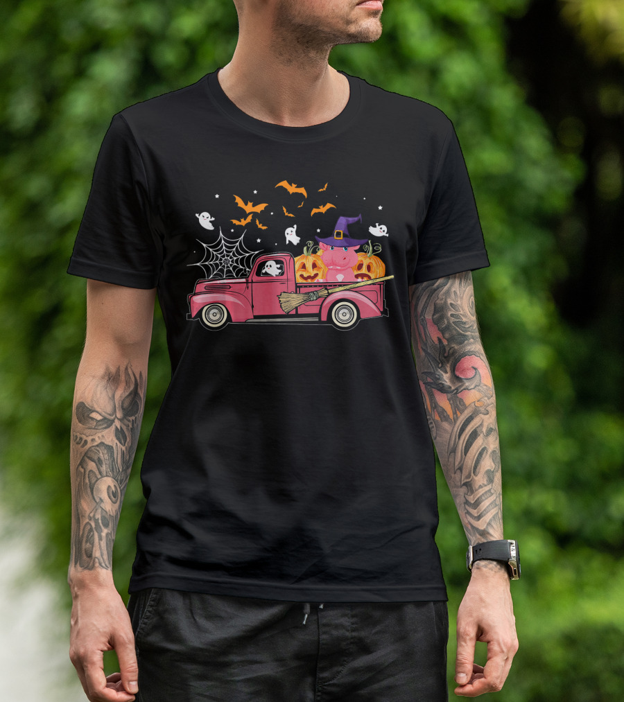Halloween Hippopotamus In A Witch Hat On Red Truck With Pumpkins, Ghosts, And Bats T-Shirt