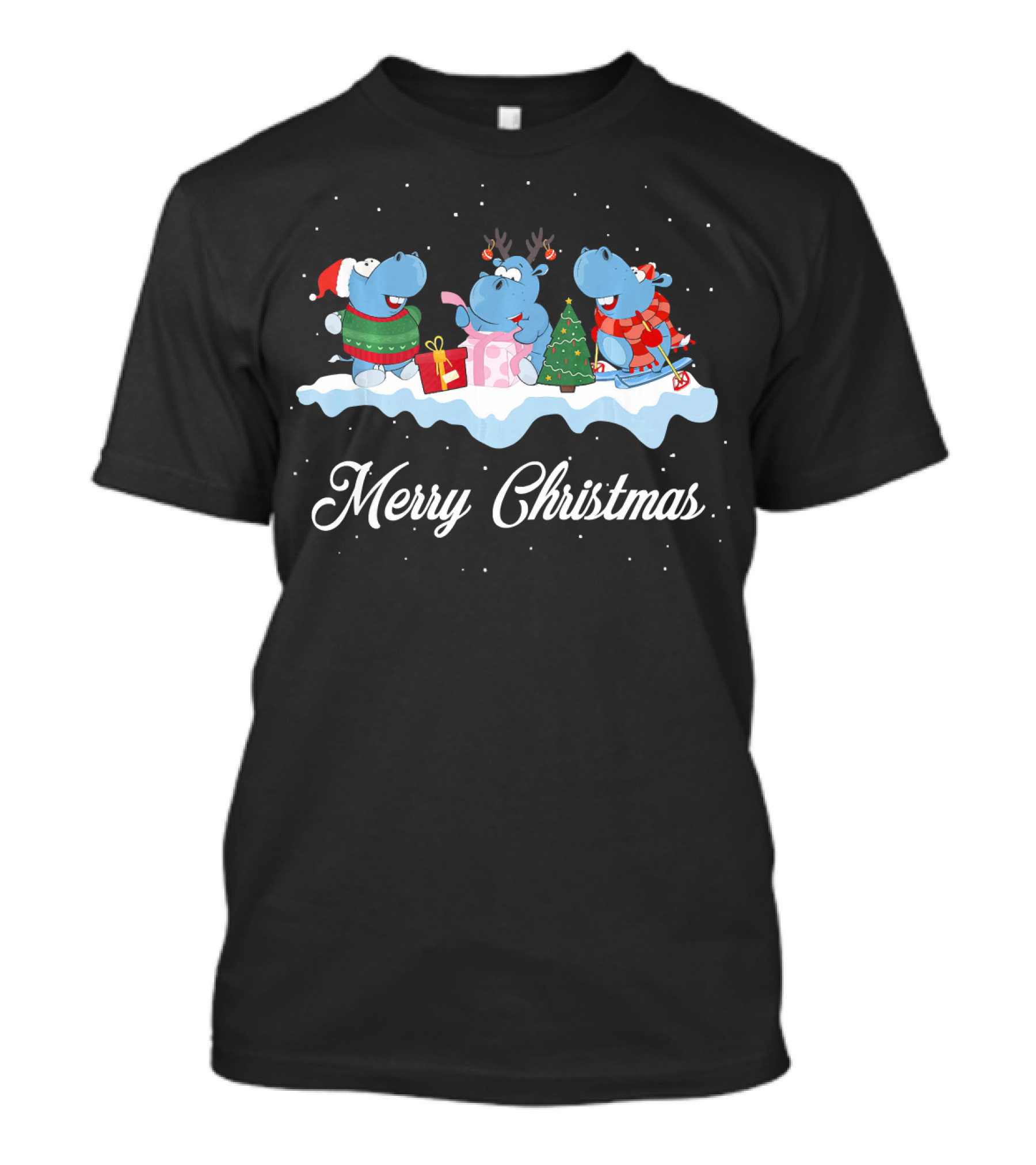 Merry Christmas Hippopotamus Santa Hat Reindeer Hippo T-Shirt