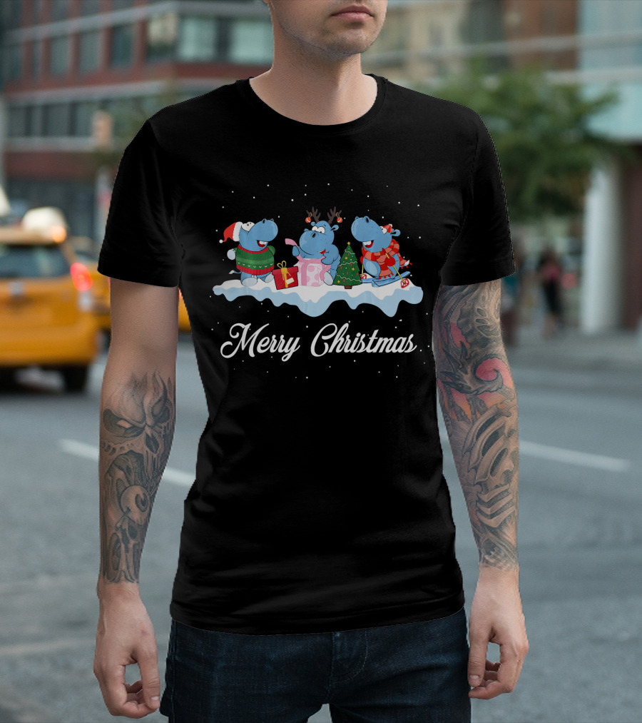 Merry Christmas Hippopotamus Santa Hat Reindeer Hippo T-Shirt