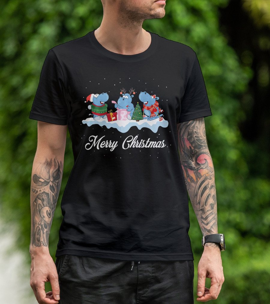 Merry Christmas Hippopotamus Santa Hat Reindeer Hippo T-Shirt