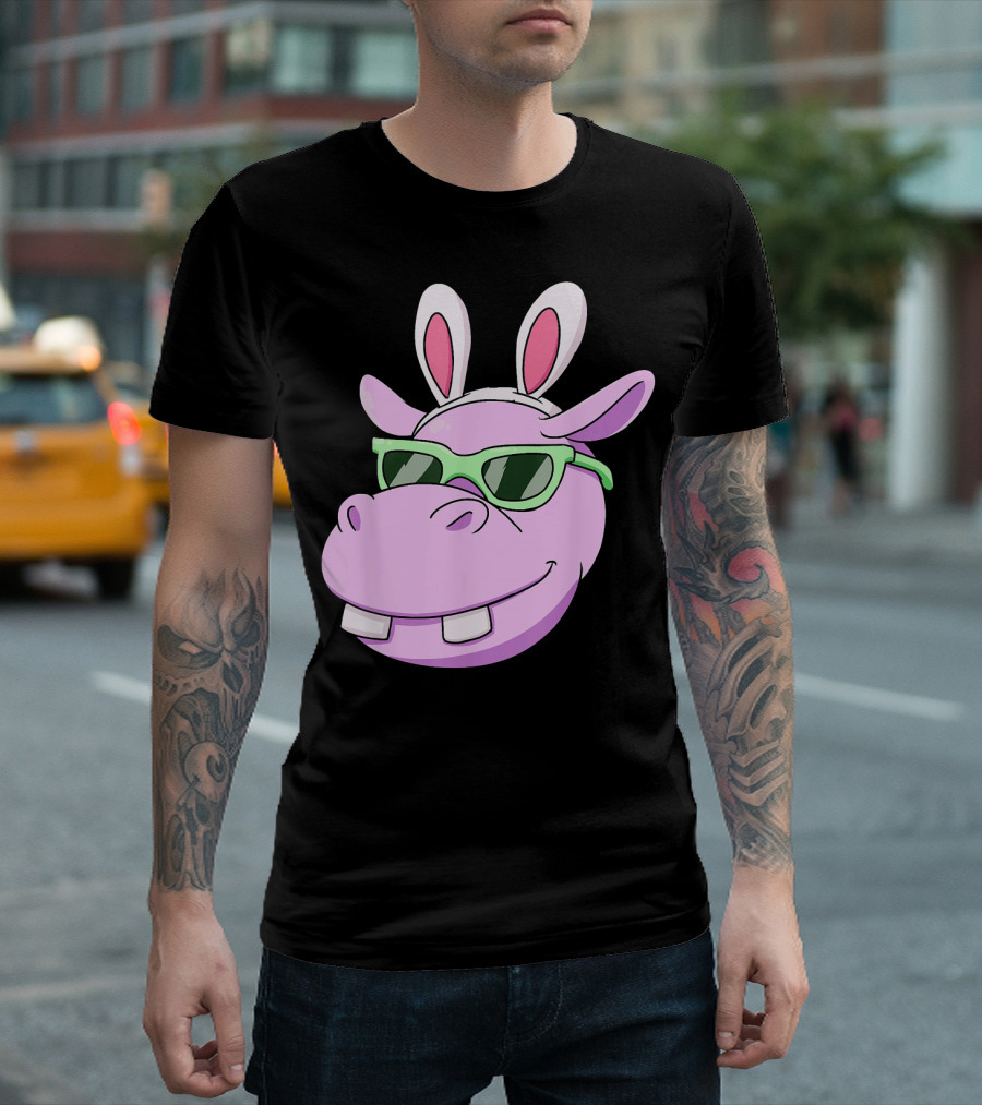 Hippo with Easter Bunny Rabbit Ears and Sunglasses T-Shirt