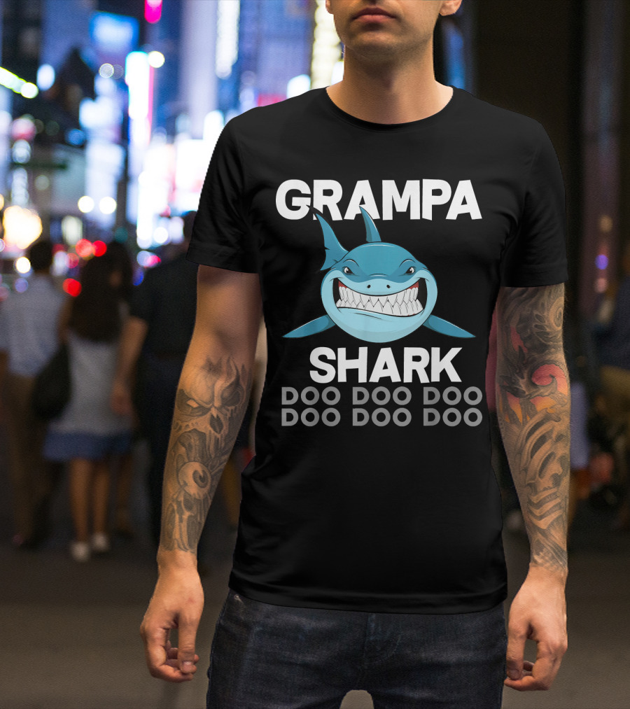 Grampa Shark Doo Doo Doo Fathers Blue Shark Cartoon T-Shirt
