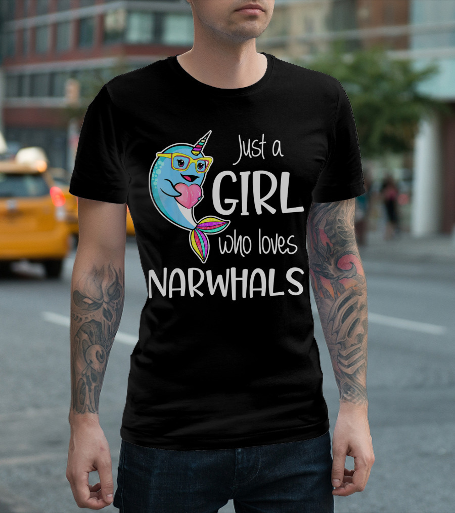 Just A Girl Who Loves Narwhals With Cute Cartoon Narwhal Wearing Glasses And Holding Heart T-Shirt