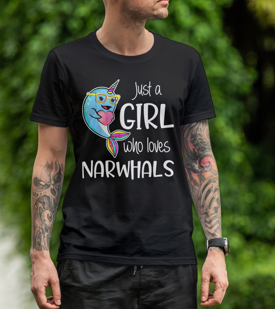 Just A Girl Who Loves Narwhals With Cute Cartoon Narwhal Wearing Glasses And Holding Heart T-Shirt