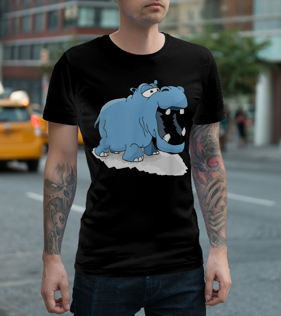 Hippopotamus Cute Baby Love Hippo Blue Cartoon Yawning T-Shirt