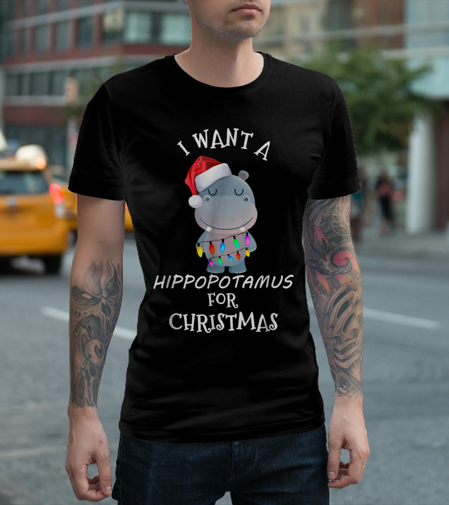I Want A Hippopotamus For Christmas Santa Hat Lights T-Shirt