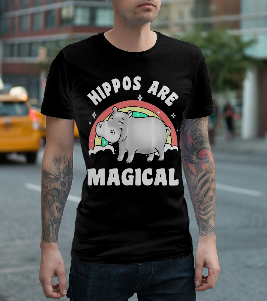 Hippos Are Magical Cute Hippopotamus Rainbow Stars T-Shirt