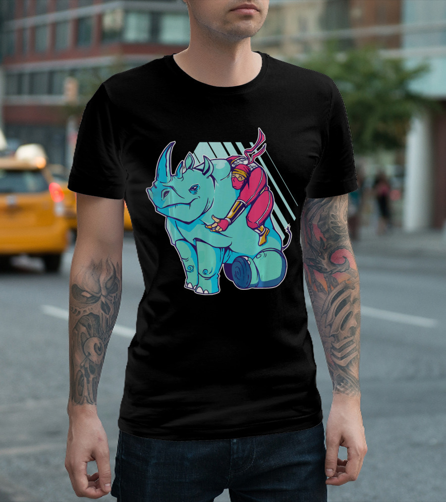 Ninja Riding A Rhino Fun Adventure On Blue Rhino T-Shirt