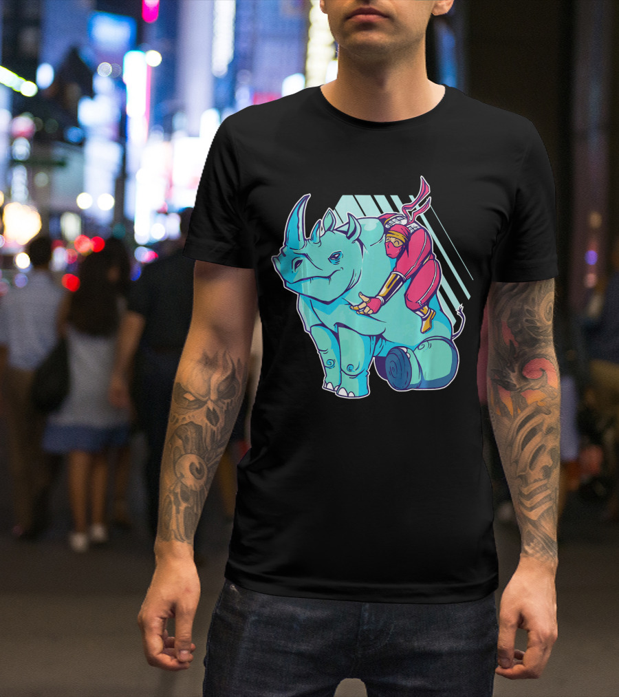 Ninja Riding A Rhino Fun Adventure On Blue Rhino T-Shirt