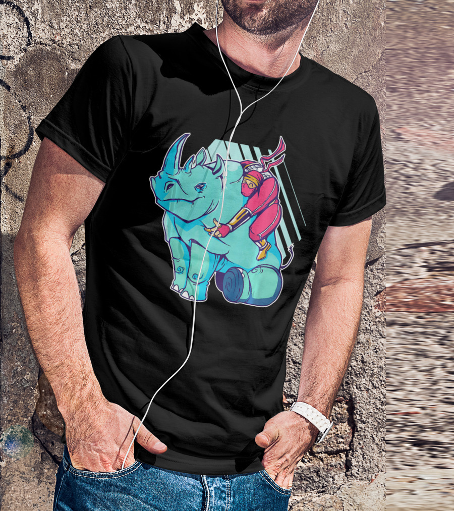 Ninja Riding A Rhino Fun Adventure On Blue Rhino T-Shirt