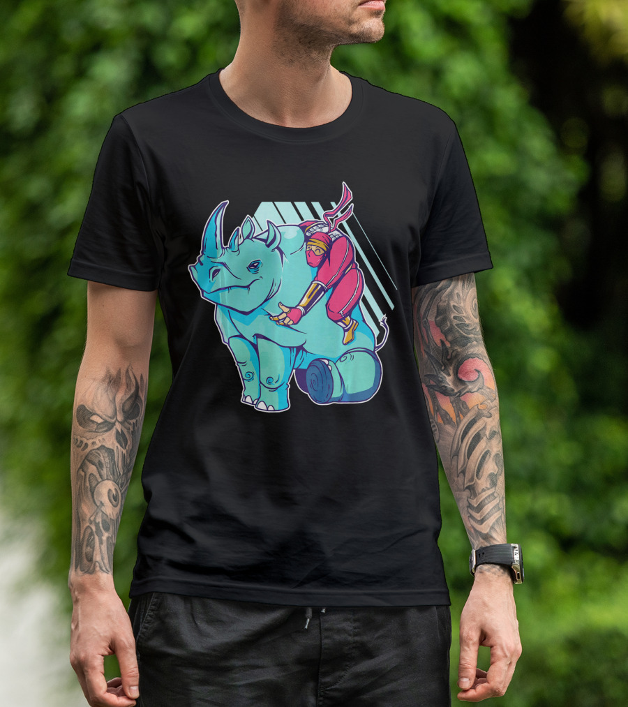 Ninja Riding A Rhino Fun Adventure On Blue Rhino T-Shirt
