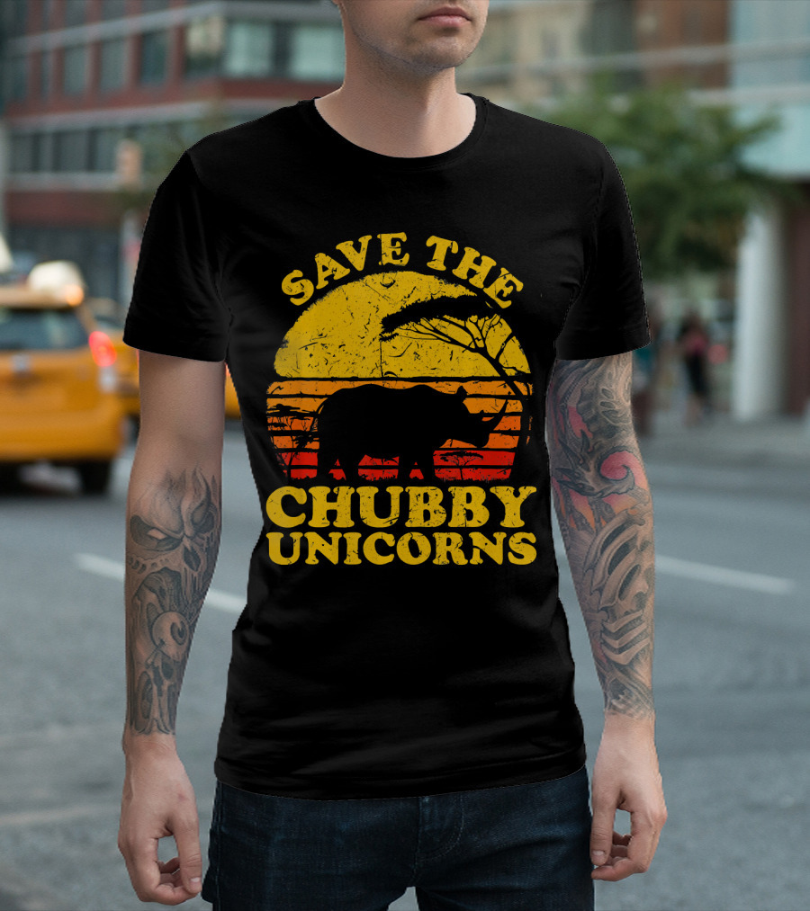 Vintage Save The Chubby Unicorns Sunset Rhino African Wildlife Conservation T-Shirt