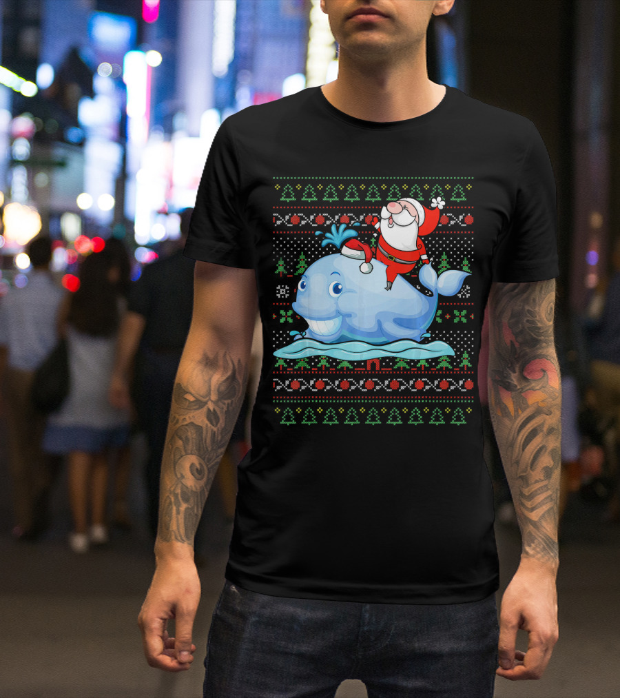 Santa Claus Riding Whale Christmas Family Couple T-Shirt