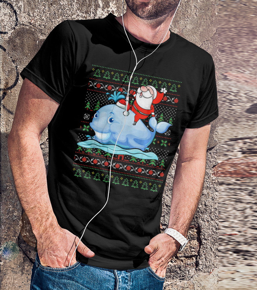 Santa Claus Riding Whale Christmas Family Couple T-Shirt