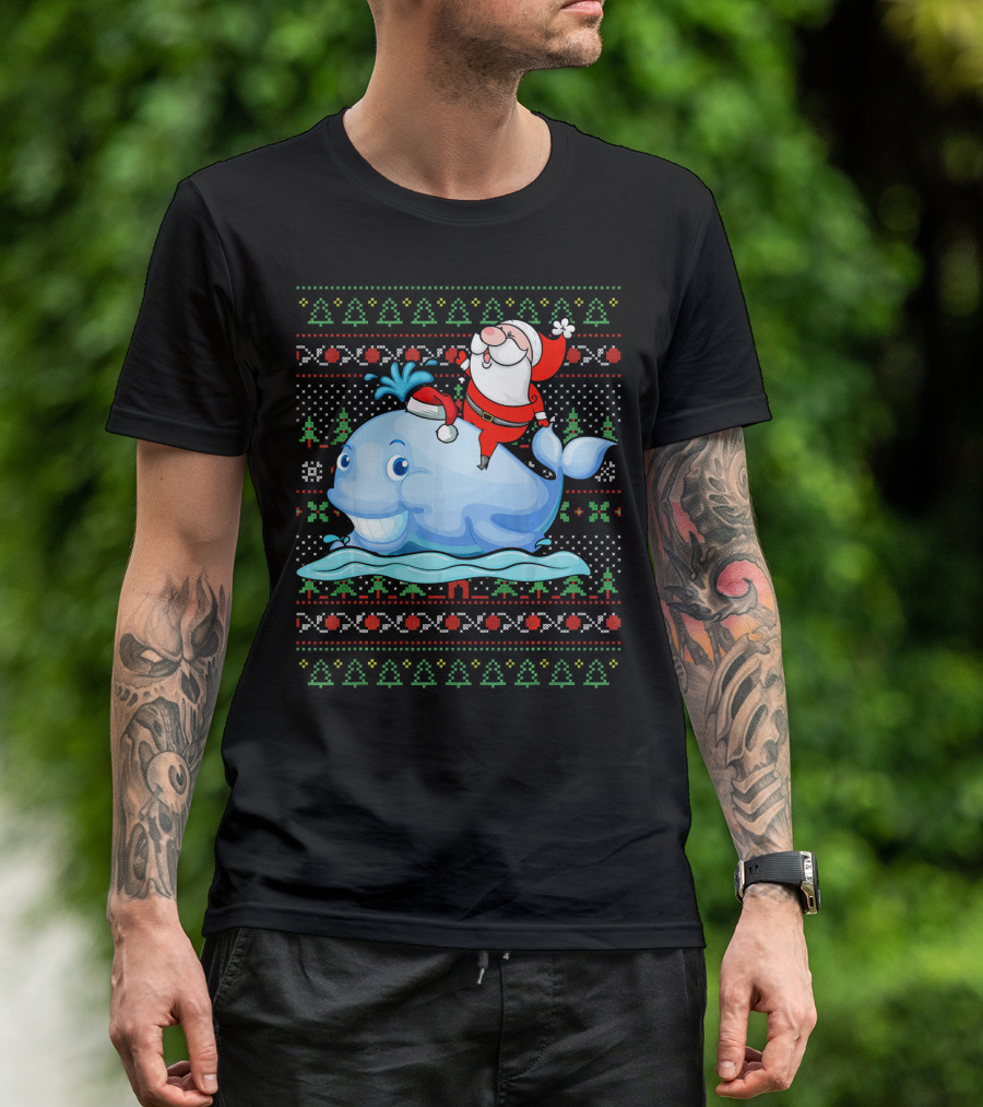 Santa Claus Riding Whale Christmas Family Couple T-Shirt