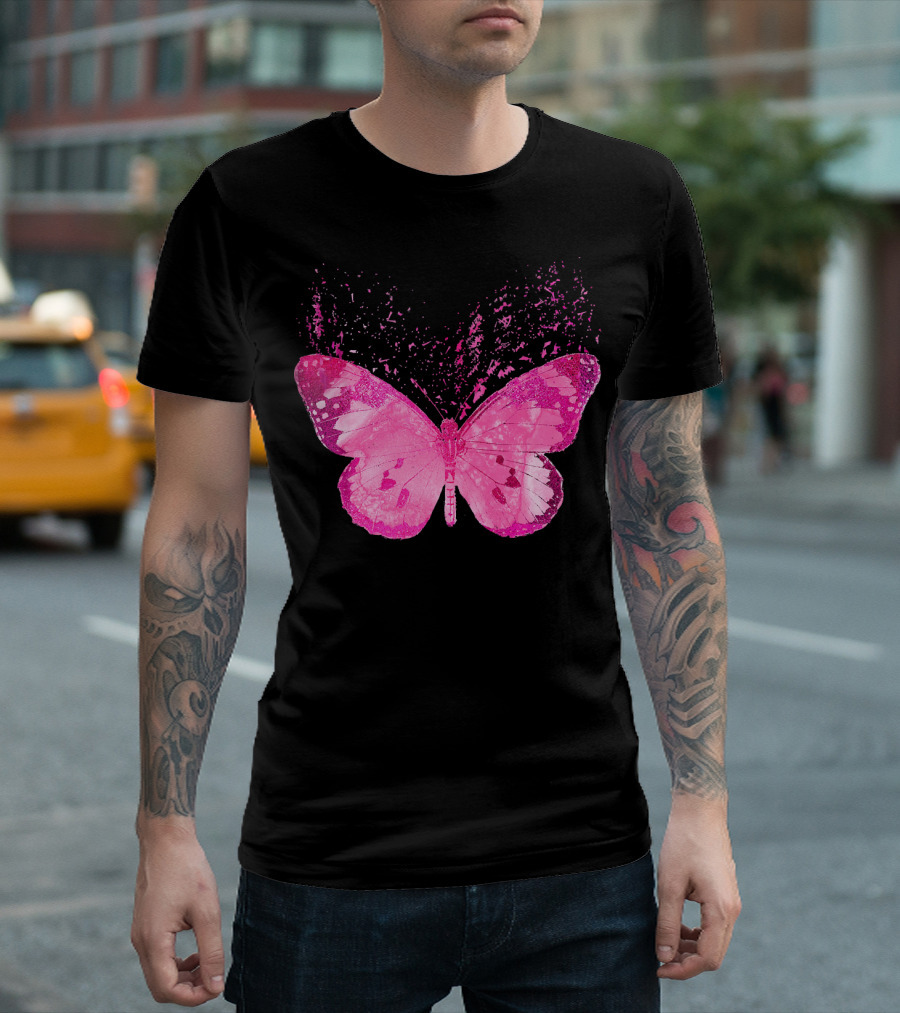 Pink Butterfly Breast Cancer Awareness Symbol with Heart Shaped Wings T-Shirt