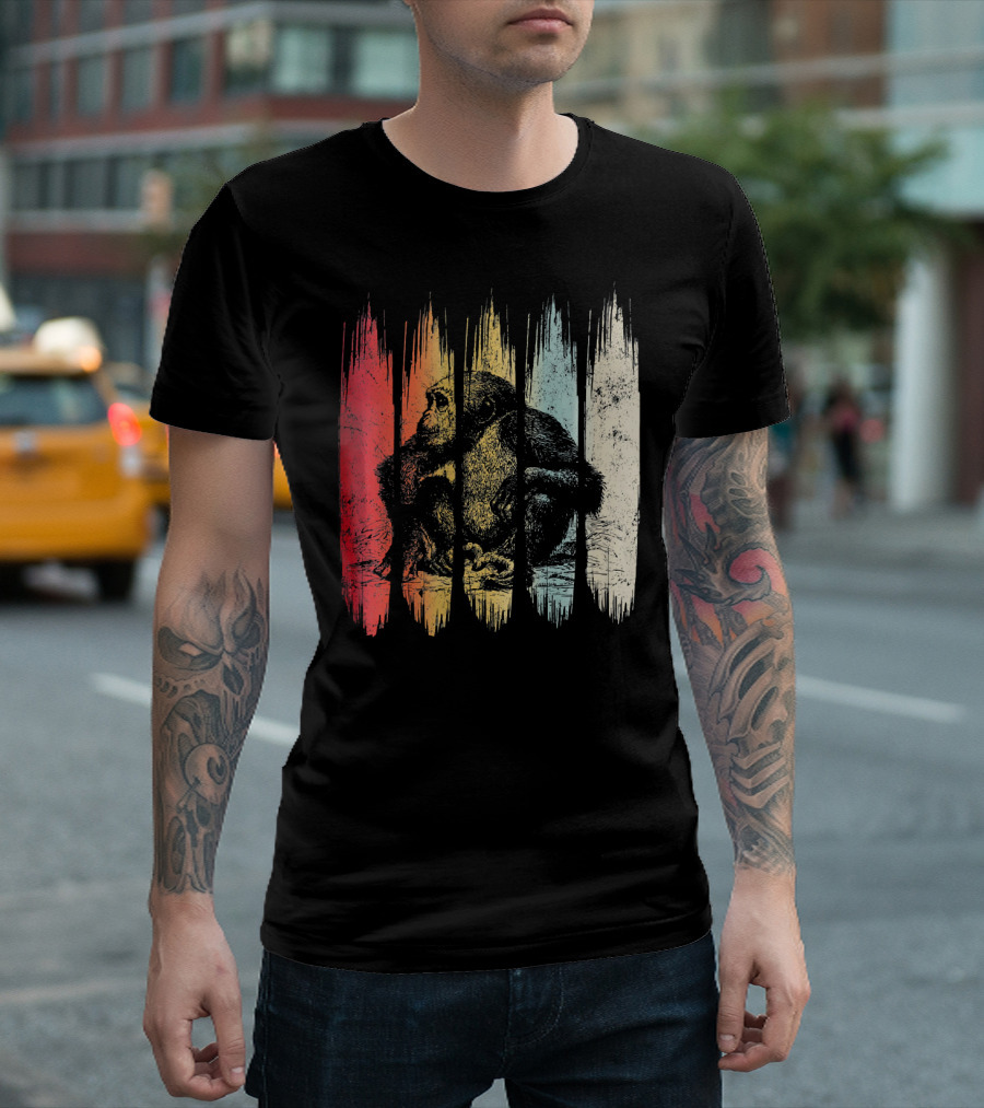 Vintage Chimpanzee Lover Retro Silhouette Multicolor Stripes T-Shirt