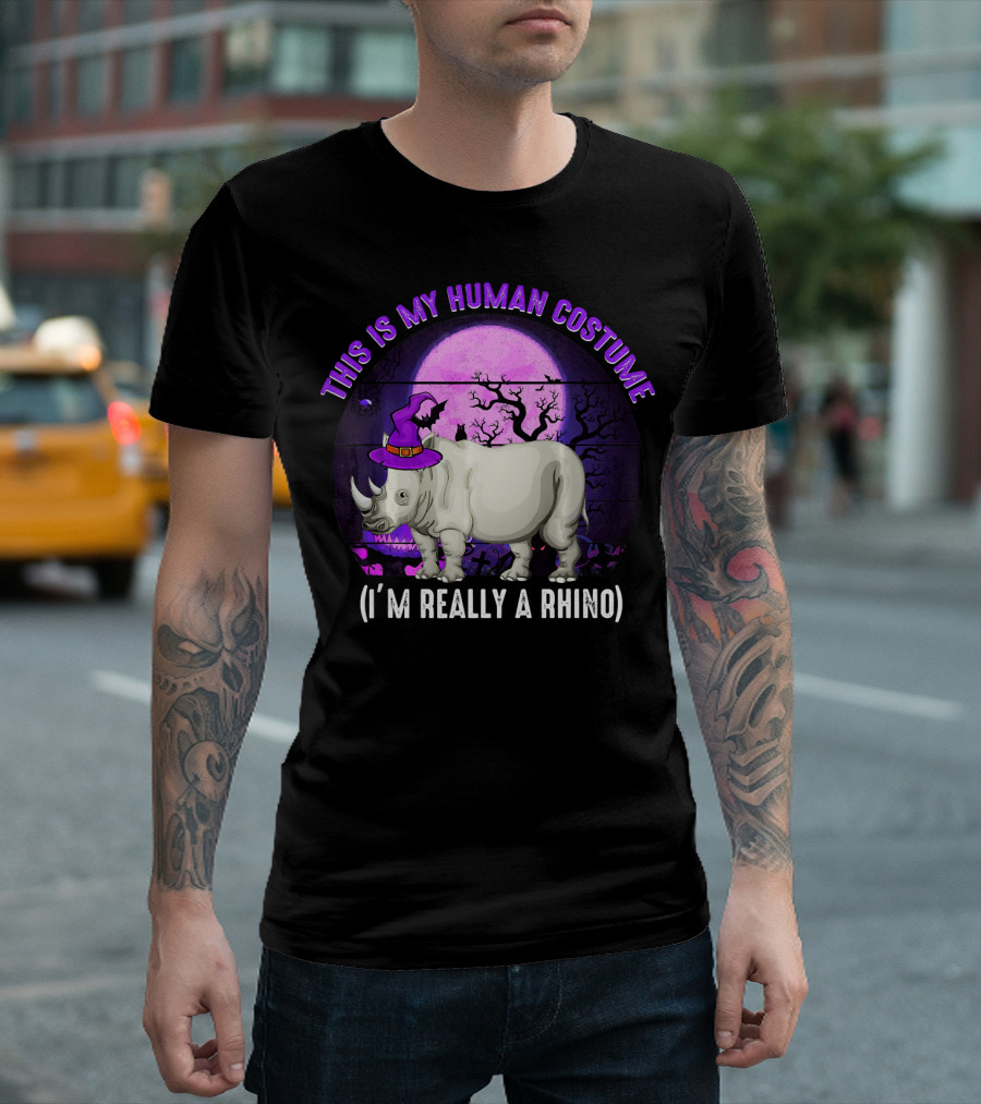 This Is My Human Costume I'm Really A Rhino Halloween Moon Hat Trees T-Shirt