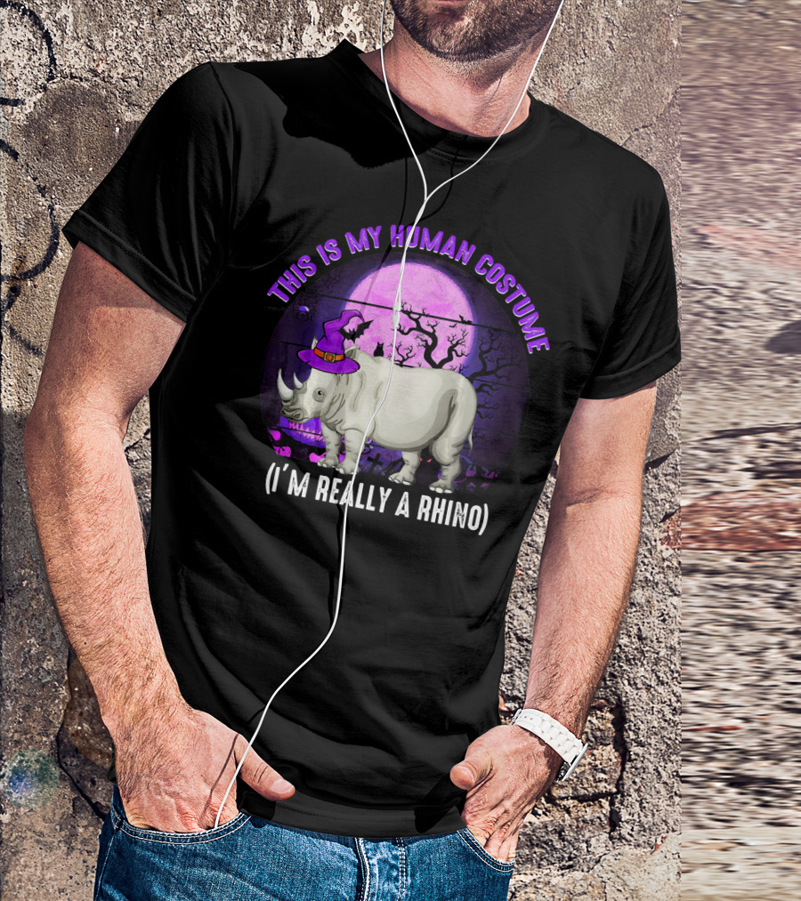 This Is My Human Costume I'm Really A Rhino Halloween Moon Hat Trees T-Shirt